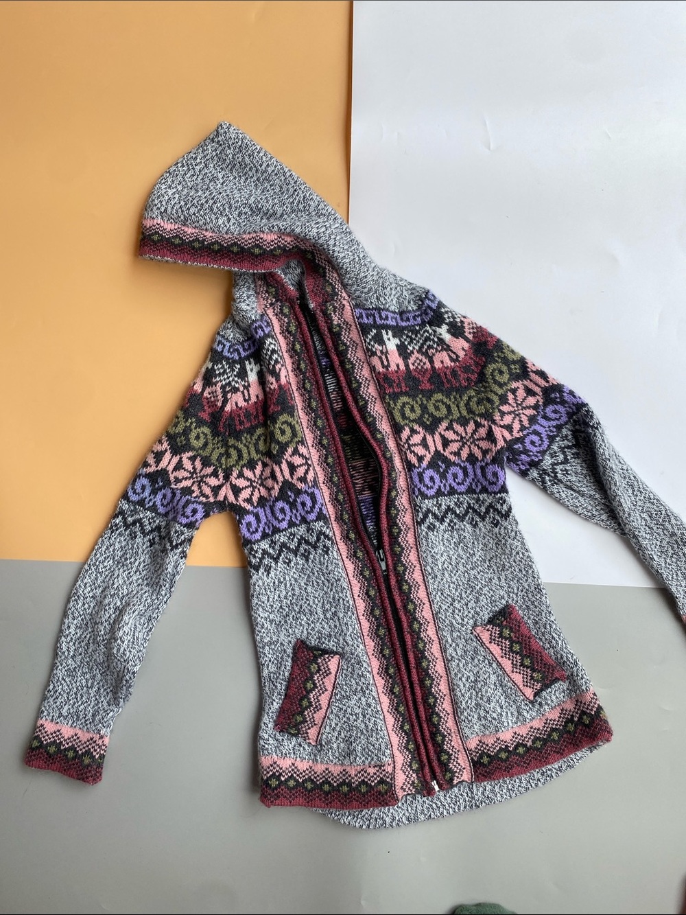 Girls' Hooded Fair Isle Knit Alpaca Jacket in Gray with Pink & Purple Accents